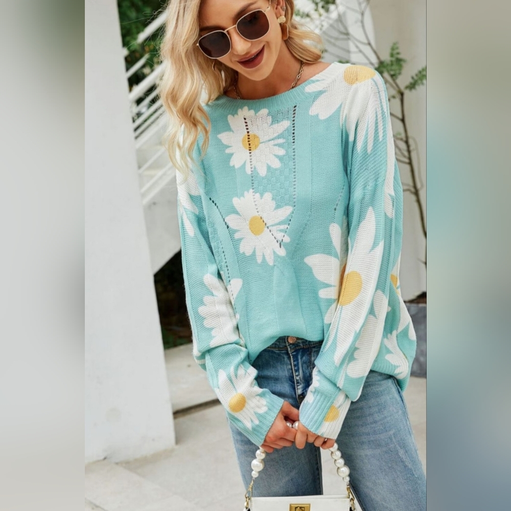 Daisy Knit Print Openwork Detail Lightweight Sweater Pullover Floral Retro Top